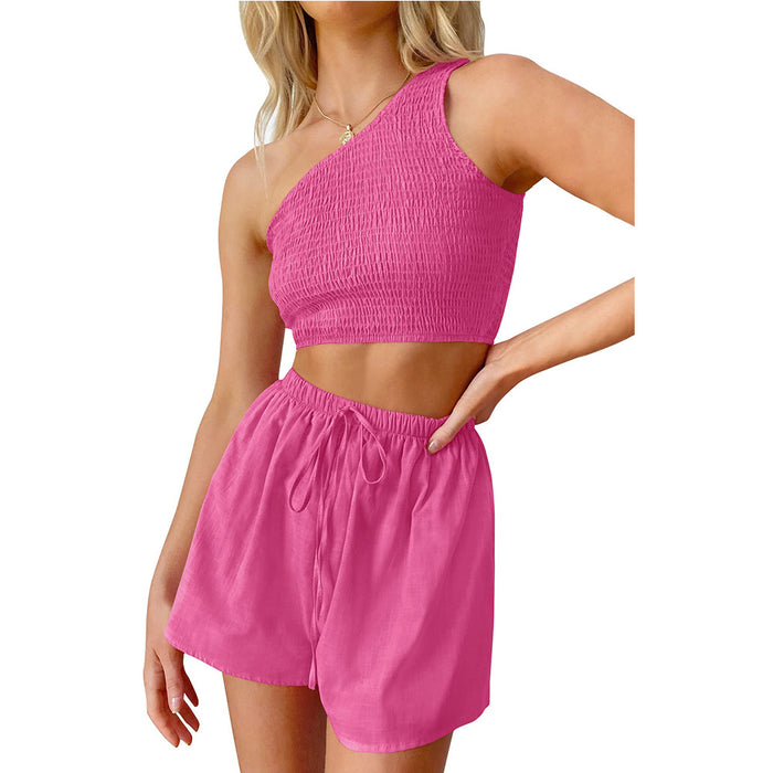 Color-Glittering Powder-Women One Shoulder Pleated Cropped Top Shorts Beach Two Piece Suit-Fancey Boutique
