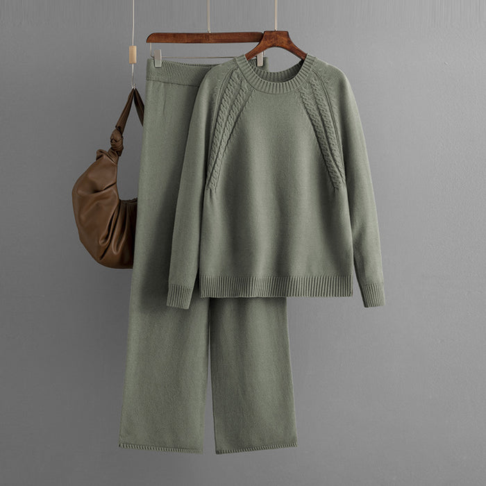 Color-Green-Autumn Winter Casual Solid Color Knitting Suit Women Loose Sweater Wide Leg Pants Two Piece Set-Fancey Boutique