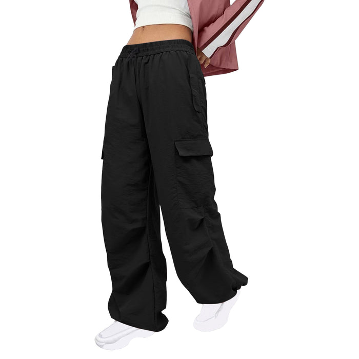 Color-Black-Women Clothing Solid Color Nylon Multi Pocket Loose Cargo Pants-Fancey Boutique