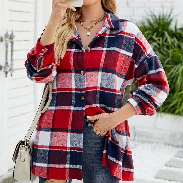 Color-Red-Women Clothing High Profile Figure Autumn Winter Long Sleeved Plaid Shirt Mid Length Woolen Coat-Fancey Boutique