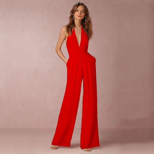 Color-Red-Spring Autumn Creative Women Sexy Sleeveless Halter Pocket Loose Jumpsuit-Fancey Boutique