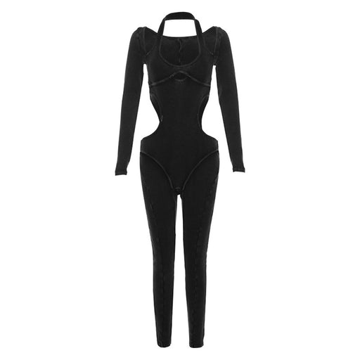 Color-Black-Fall Women Clothing Sexy Backless Halter Low Collar Hollow Out Cutout Long Sleeve Slim Fit One Piece Trousers for Women-Fancey Boutique