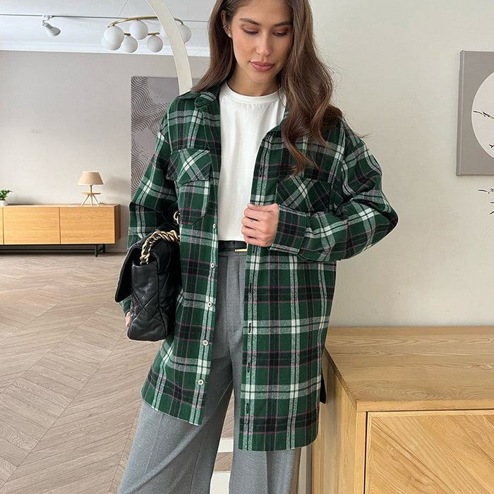 Autumn Casual Green Loose Lapels Plaid Shirt Russian Long Office Minimalist Cardigan Women Clothes-Multi-Fancey Boutique