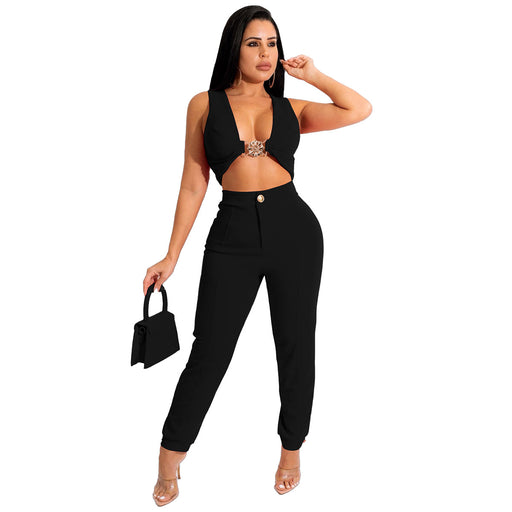 Color-Black-Solid Color Tight Sleeveless Knitted Two-Piece Vest Pants Suit for Women-Fancey Boutique