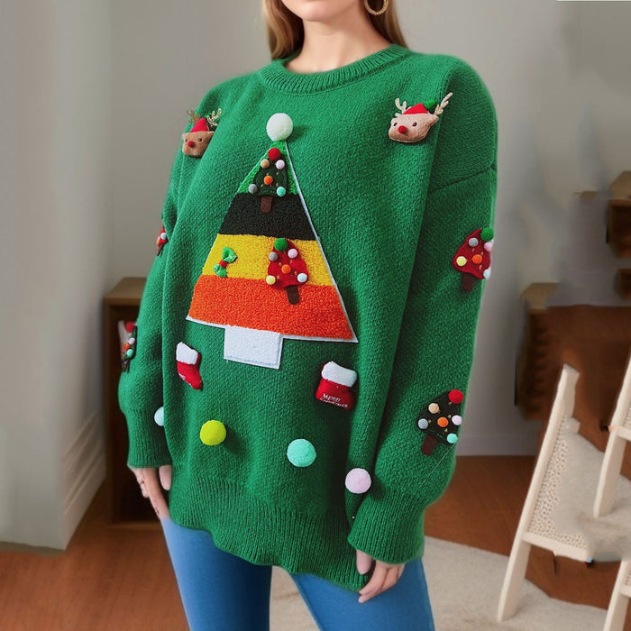 Color-Green-Sweater Christmas Tree Jacquard Three Dimensional Decoration Sweaters Women Clothing Knitwear-Fancey Boutique