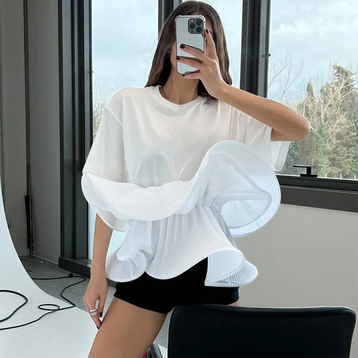 Summer Elegant Slim Fit Slimming round Neck Ruffled Stitching Design Short Sleeve Women T shirt-White-Fancey Boutique