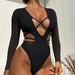 Women Solid Color Long Sleeve One Piece Swimsuit Sexy Bikini-Black-Fancey Boutique