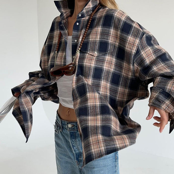 Autumn Winter Classic Retro Boyfriend Plaid Shacket Women All Match Loose Shirt-Fancey Boutique