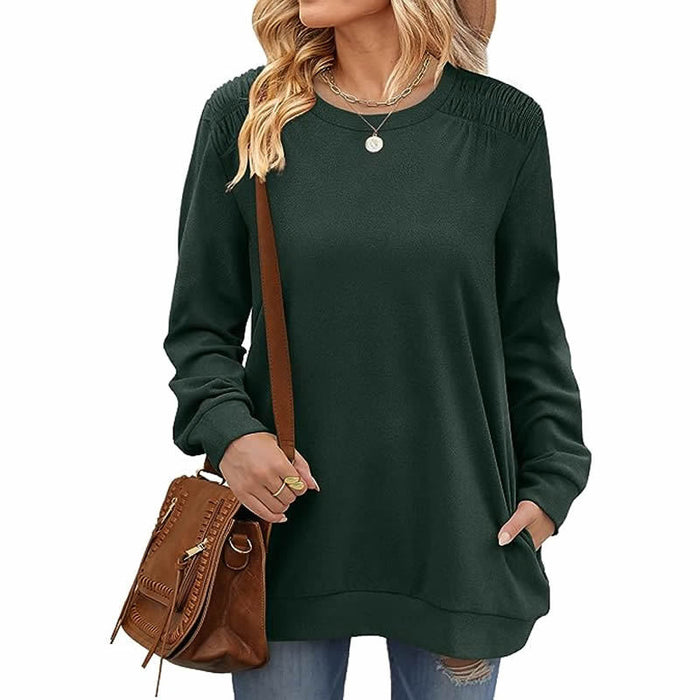 Color-blackish green-Autumn Winter Solid Color round Neck Loose Casual Long Sleeve T shirt Top for Women-Fancey Boutique