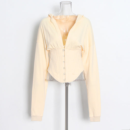 Color-Yellow-Optional Women Sweater Autumn Solid Color Waist Tied Single Breasted Short Stitching Hoodie-Fancey Boutique
