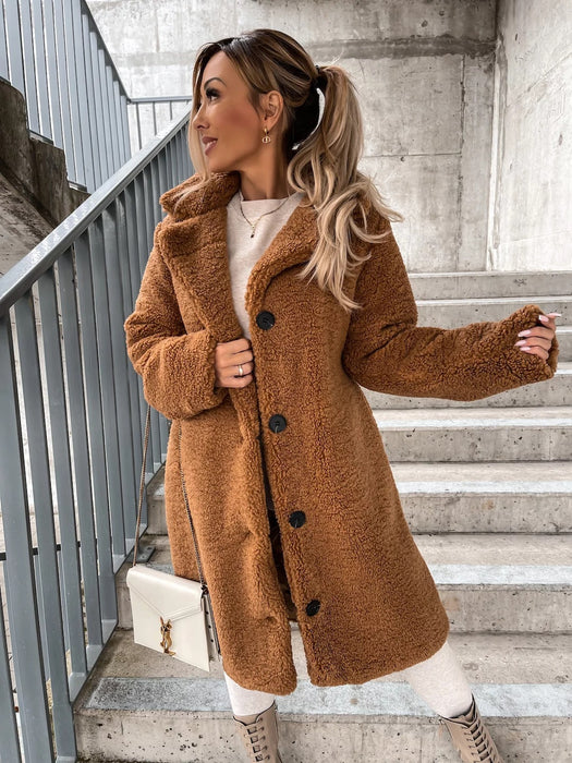 Color-Brown-Fall Winter Women Clothes Furry Long Sleeve Collared Women Plush Top Large Coat-Fancey Boutique