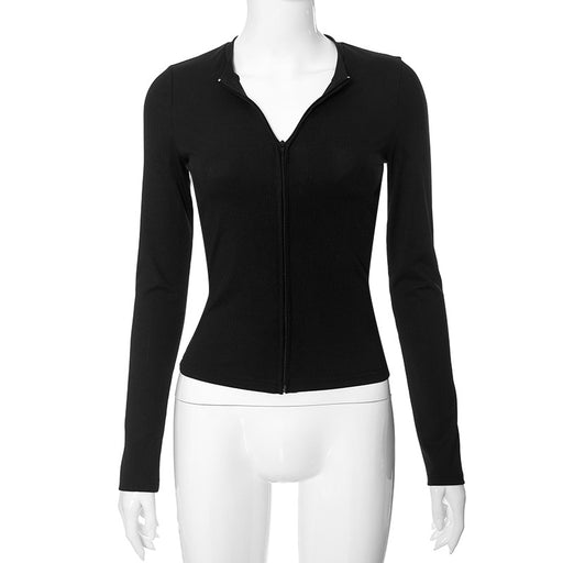 Color-Black-Women Clothing Winter Solid Color Casual Polo Collar Long Sleeve Zipper Slim Fitting Basic Top-Fancey Boutique
