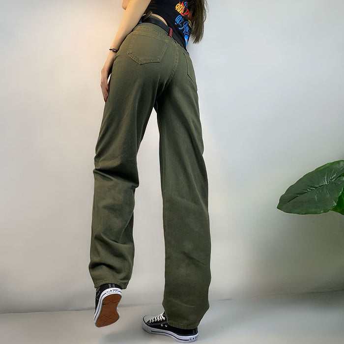 Fried Street Super Cool Straight Leg Pants Stitching Loose Mid Waist Worker Pants High Street Retro Jeans Trousers-Fancey Boutique