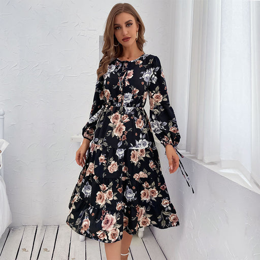 Color-Black-Women Wear Long Sleeve Vintage Floral Dress Autumn-Fancey Boutique