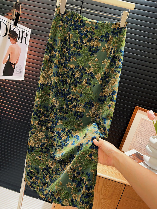 Retro Printed Skirt Women Summer Mid Length A line Skirt High Waist Slimming Green Shivering Mid Length Skirt-Random Green-Fancey Boutique