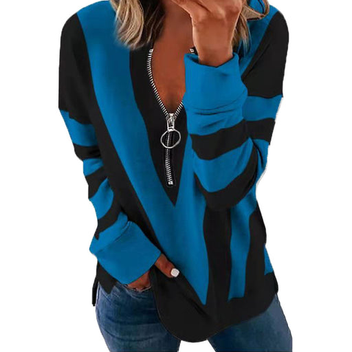 Color-Blue-Autumn Winter Printed Long Sleeve V neck Zipper Casual Loose Sweater Women-Fancey Boutique