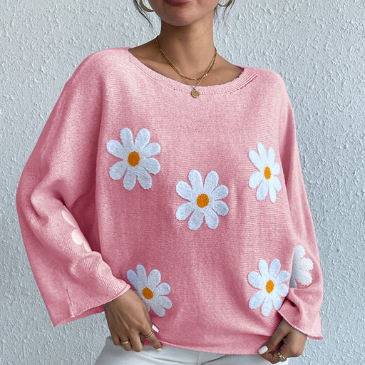 Color-Pink-Loose Batwing Sleeve Sweater Autumn Winter Embroidered Floral College Off Shoulder Sweater-Fancey Boutique