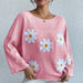 Color-Pink-Loose Batwing Sleeve Sweater Autumn Winter Embroidered Floral College Off Shoulder Sweater-Fancey Boutique