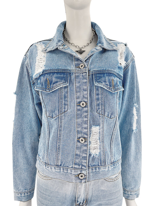 Color-Light Blue-All Matching Short Washed Bleached European Casual Women Top Loose Hand Frayed Denim Coat-Fancey Boutique