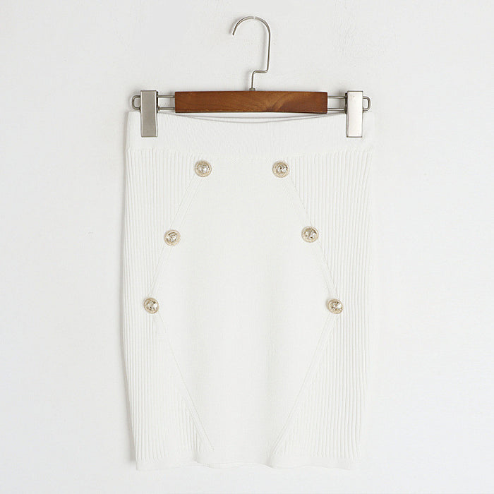 Color-White Skirt-Round Neck Metal Buckle Set Early Autumn Winter French Faux Pocket Stand Collar Jacket with Skirt Knitted Two Piece-Fancey Boutique