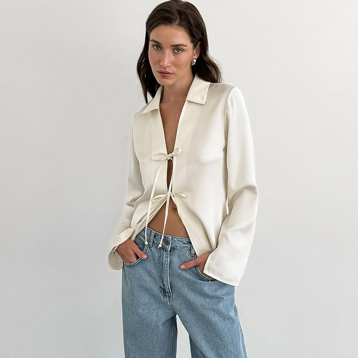 French Imitation Acetate Satin Straps Split Collared Shirt Autumn Cardigan Women-Fancey Boutique