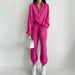 Casual Suit Solid Color Polo Collar Long Sleeve Shirt Top Pants Two-Piece Set-Pink-Fancey Boutique