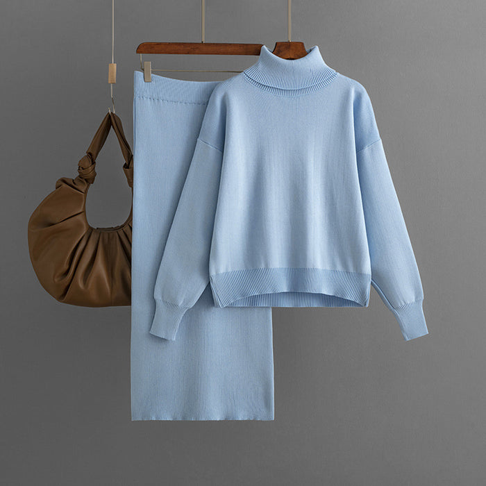 Color-Light Blue-Knitting Suit Women Autumn Winter Solid Color Turtleneck Sweater Sheath Skirt Two Piece Set-Fancey Boutique