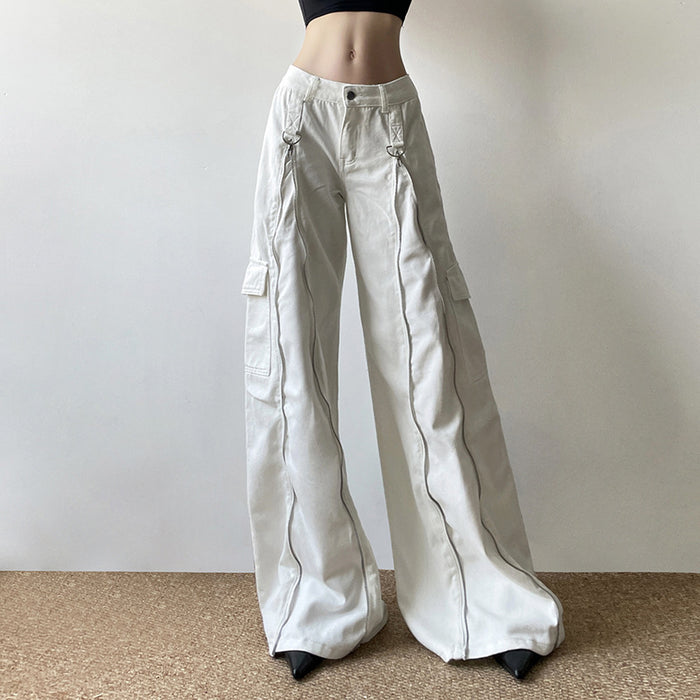 Heavy Industry Metal Zipper Split Wide Leg Jeans Women Loose Pockets Casual All Matching Mop Pants