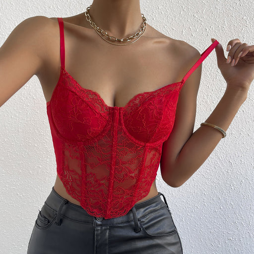 Color-Red-Sexy Lace Steel Ring Diamond Boning Corset Cropped See through Sexy Decoration Vest for Women-Fancey Boutique