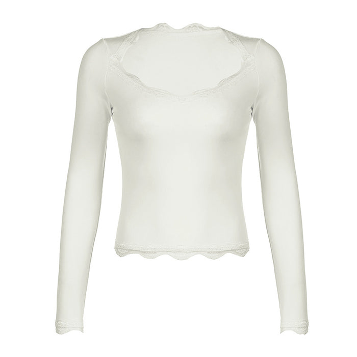 Sexy Simple Lace Stitching U Neck Long Sleeved T shirt Basic Slim Fit Waist Trimming Short All Matching Sweater-White-Fancey Boutique