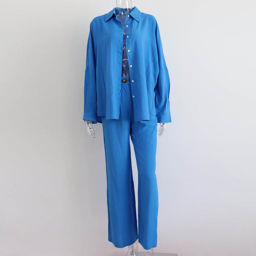 Color-Blue-Early Autumn Casual Suit Women Y2g Vacation Batwing Sleeve Shirt Top Straight Leg Trousers Two Piece Suit-Fancey Boutique
