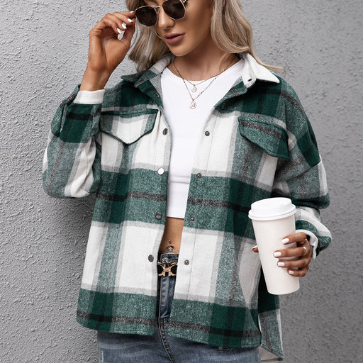 Color-Green-Thickened Cashmere Long-Sleeved Plaid Jacket Loose Casual shacket Jacket Plush Plaid Jacket Coat for Women-Fancey Boutique