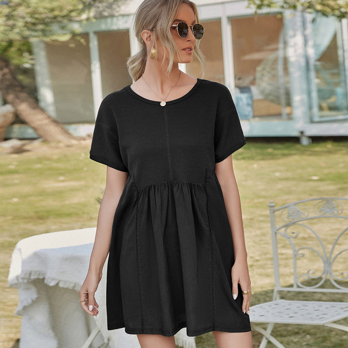 Color-Black-Summer Solid Color Waffle Stitching Short Sleeve A Line Top Casual Simple Loose Dress Women-Fancey Boutique