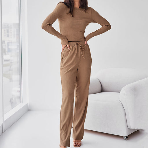 Color-Brown-Comfortable Slim Knit Sunken Stripe Long Sleeved Trousers Autumn Pajamas Ladie Homewear Can Be Worn outside-Fancey Boutique
