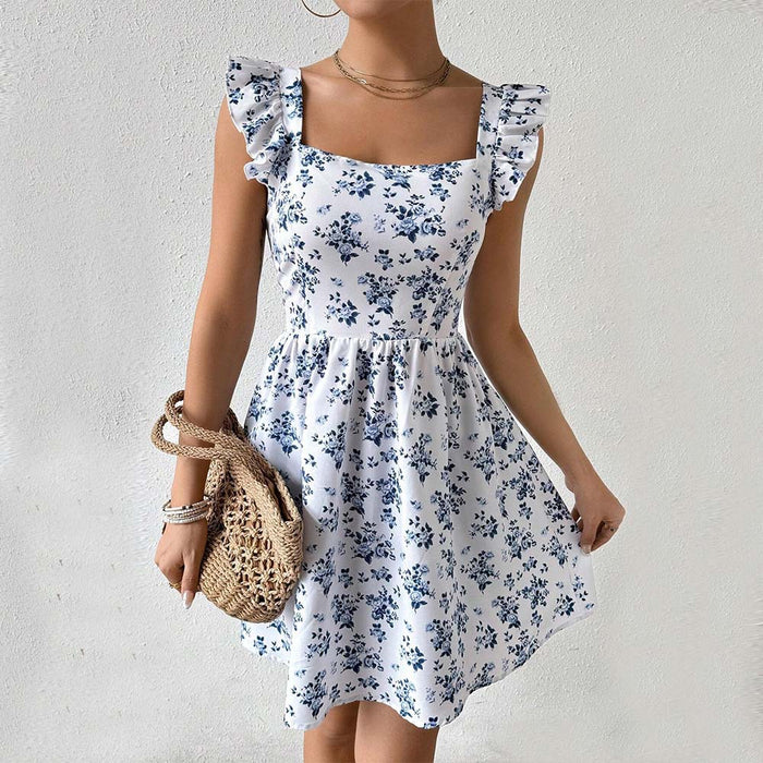 Spring Summer Sweet Slim Fit Design Bare Back Lace up Flying Sleeve Floral Dress-Fancey Boutique