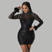 Color-Fashionable See through Rhinestone Sequined Long Sleeve Feather Hip Night Club Party Dress-Fancey Boutique