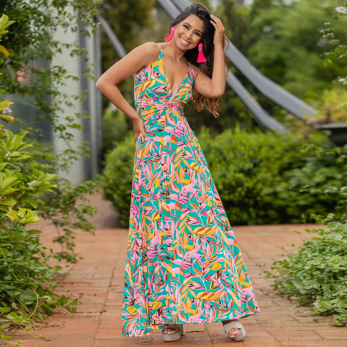 Spring Summer Women Wear V Neck Brace Printing Elegant A Swing Maxi Dress-Fancey Boutique