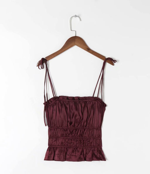 Color-Burgundy-Amoi French Retro Elastic Waist-Tightening Silk Satin Texture Spaghetti Straps Corset Women Outer Vest Women Top Tie Strap-Fancey Boutique