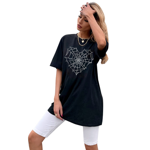 Women Clothing Casual All Matching Spider Web Printing Stylish T shirt-Black-Fancey Boutique
