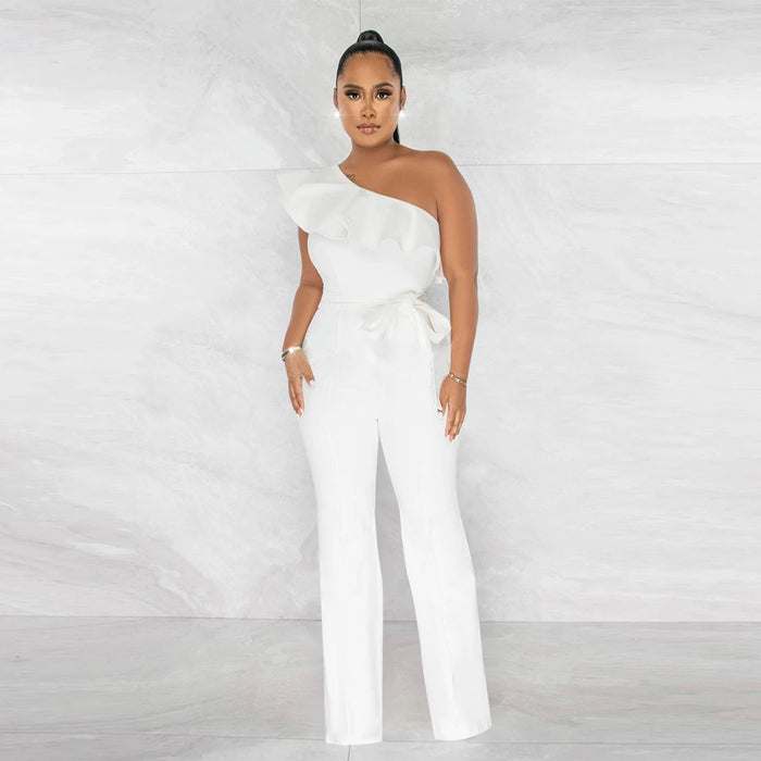 Color-White-Women Clothing Solid Color Ruffles Jumpsuit Containing Belt-Fancey Boutique