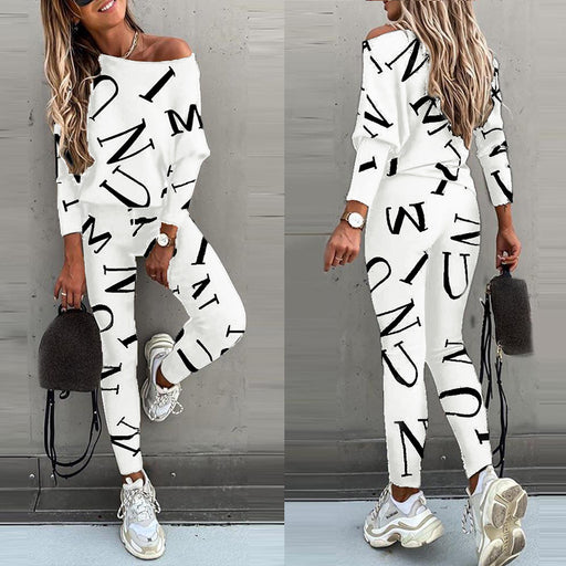 Color-White-Autumn Women Clothing Letter Graphic Printed Long Sleeved Trousers Casual Set-Fancey Boutique