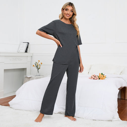 Color-Dark Grey-Solid Color Crew Neck Split Knitted Top Home Wear Casual Suit-Fancey Boutique