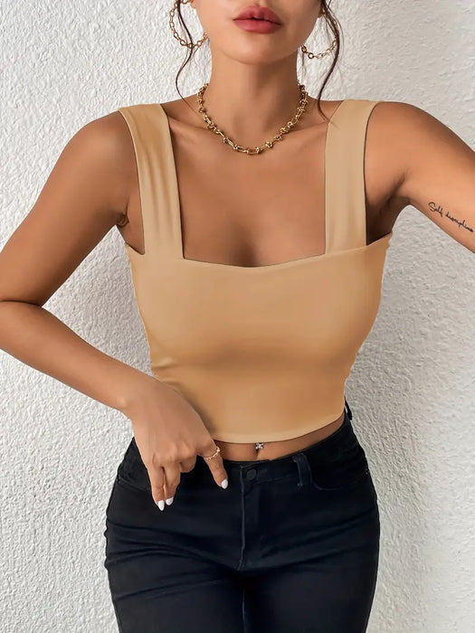 Camisole Wide Shoulder Strap Sleeveless Outerwear Top Sexy Slim Fit Sexy Back-Khaki-Fancey Boutique