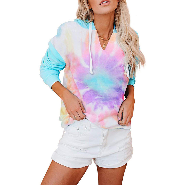 Color-Rainbow Blue-Autumn Winter Women Clothing Tie Dyed Hooded Sweater Loose Gradient Color Long Sleeve Top-Fancey Boutique