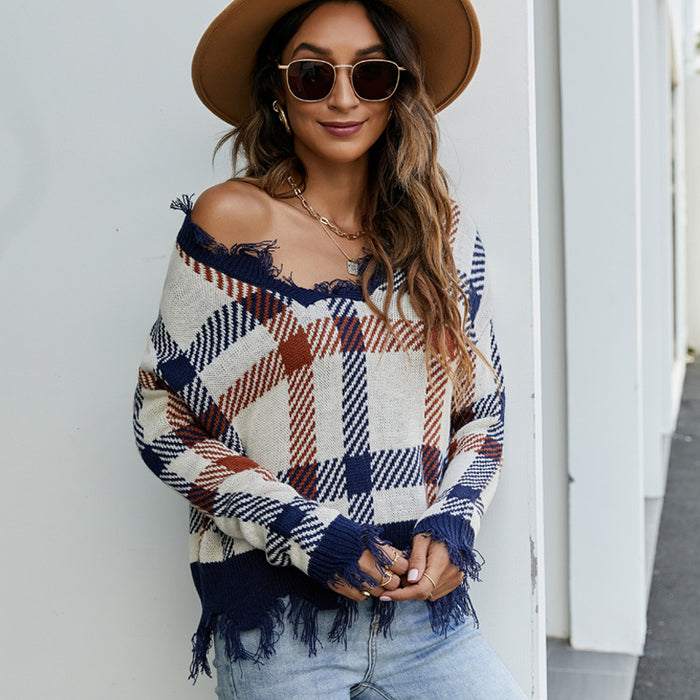 Color-Blue-Sweater V-neck Knitted Pullover Women Wear Plaid Loose Hole Knitted Sweater-Fancey Boutique