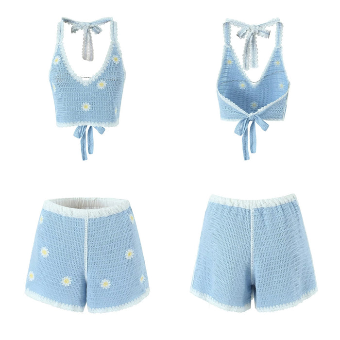 Color-Blue-Homemade Southeast Asian Holiday Travel Little Daisy Crocheted Suit Knitted Two Piece Sling with Shorts-Fancey Boutique