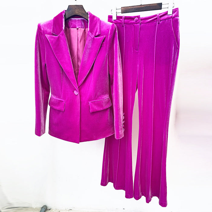 Color-Violet-Autumn Winter Women Business Office One Button Pleuche Blazer Bell Bottom Pants Two Piece Set-Fancey Boutique