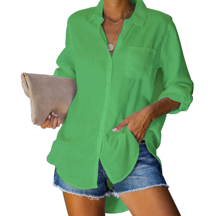 Color-Green-Women Shirt Solid Color Casual Loose Breasted Shirt Women Clothing-Fancey Boutique