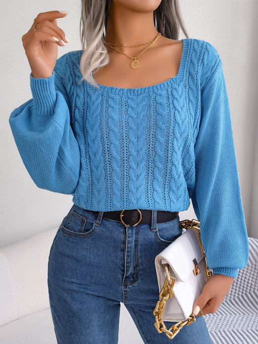 Color-Blue-Autumn Winter Casual Square Collar Twist Lantern Sleeve Pullover Sweater Women Clothing-Fancey Boutique
