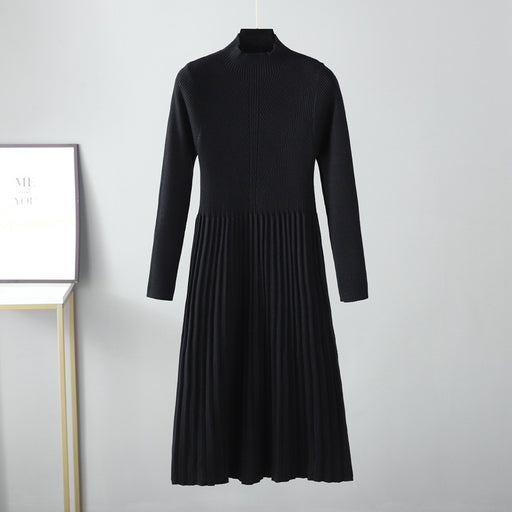 Color-Black-Autumn Winter Dress Solid Color Half Collar Thick below the Knees Mid Length Tight Waist Dress Soft Soft-Fancey Boutique